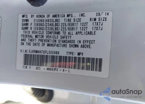 2015 Honda Cr-V Ex-L z USA, uszkodzony, nr VIN 5J6RM4H75FL000498